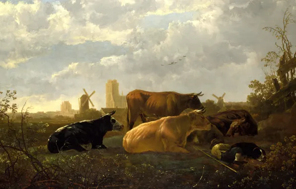 Картинка животные, собака, картина, коровы, ветряная мельница, Альберт Кёйп, Aelbert Jacobsz Cuyp, Малый Дорт