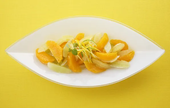 Картинка лимон, апельсин, еда, лайм, форма, желтый фон, десерт, салатик. тарелка