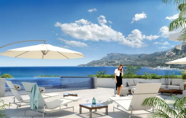 Картинка море, девушка, побережье, терраса, Montecarlo palace perspective terrasse panoramique