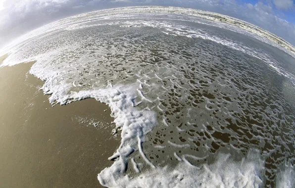 Картинка песок, море, волны, пена, облака