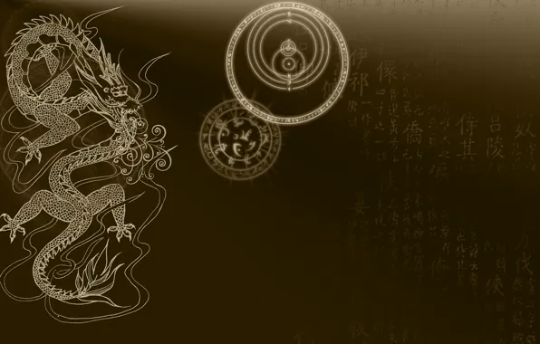 Картинка круги, фон, фантастика, дракон, мистика, символы, знаки, иероглифы