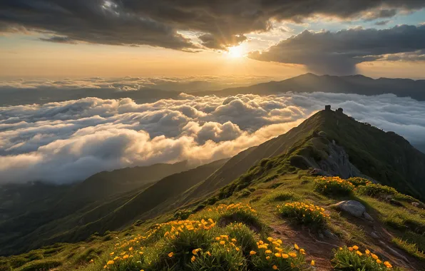 Небо, солнце, облака, лучи, свет, пейзаж, цветы, горы