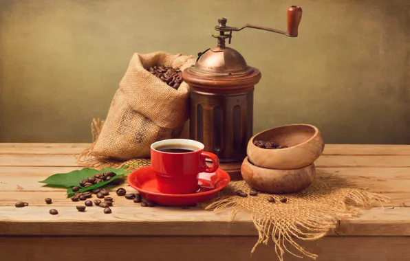 Картинка листья, кофе, зерна, чашка, красная, блюдце, мешочек, кофемолка