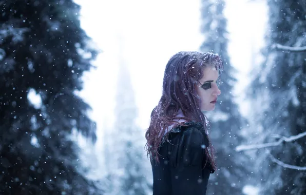 Картинка холод, лес, девушка, снег