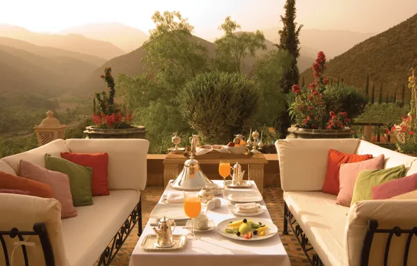 Summer, Canada, view, garden, table, terrace, Quebec, Breakfast