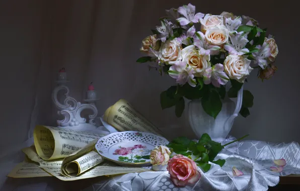 Картинка цветы, стиль, ноты, розы, букет, свечи, тарелка, скатерть