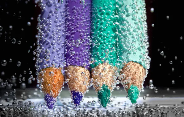 Картинка вода, пузырьки, жидкость, карандаши