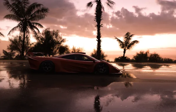 Картинка car, sky, sunset, water, clouds, palm trees, reflection, McLaren F1