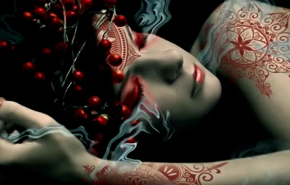 Girl, smoke, cherry, red tattoo
