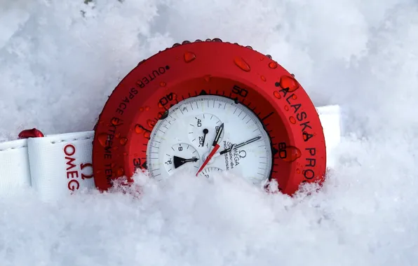 Red, white, Omega, snow, clock