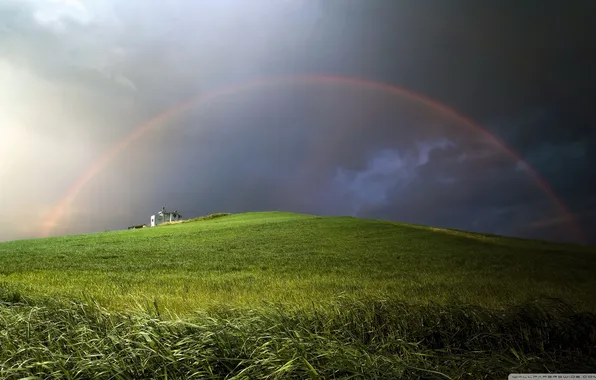 Трава, простор, Радуга, Rainbow, grass, луга, грозовое небо, expanse