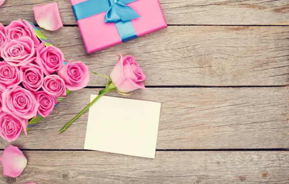Розы, love, wood, pink, romantic, sweet, gift, petals