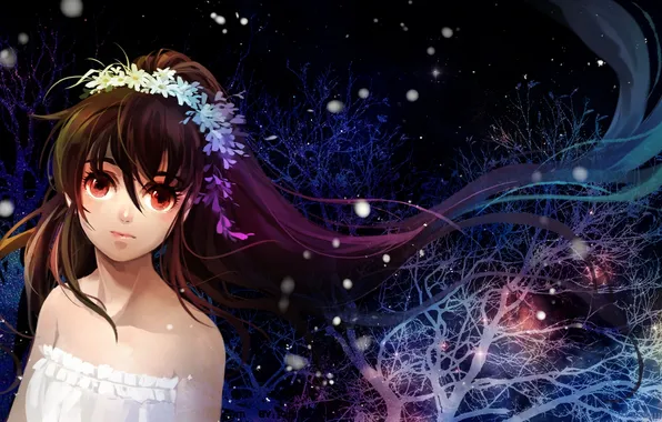 Картинка девушка, деревья, цветы, аниме, арт, венок, huazha01