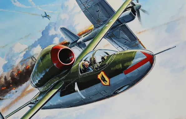 Рисунок, люфтваффе, Heinkel, Volksjager, Саламандра, He 162, Spatz, немецкий одномоторный реактивный истребитель