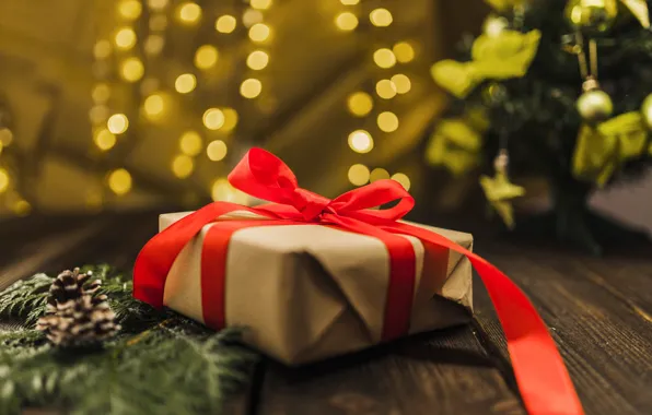Картинка коробка, подарок, Новый Год, Рождество, лента, Christmas, box, wood