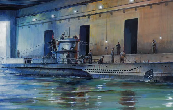 Картинка war, art, painting, ww2, submarinee, U-Boot