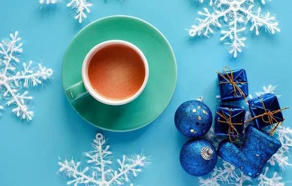 Картинка зима, снежинки, фон, голубой, Новый Год, Рождество, чашка, Christmas