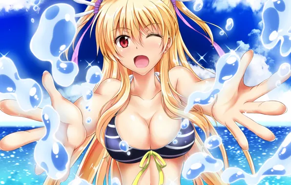 Girl, sexy, cleavage, sky, long hair, sea, boobs, anime