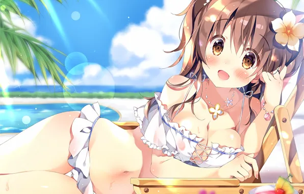 Girl, sexy, cleavage, beach, long hair, sea, boobs, anime
