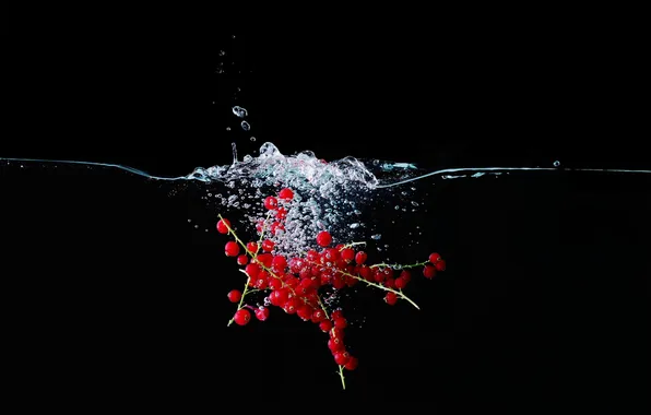 Картинка вода, пузырьки, ягоды, красные, черный фон, смородина