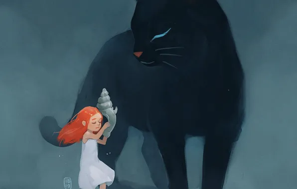 Кошка, девочка, ракушки