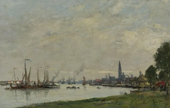 Пейзаж, город, корабли, картина, гавань, Эжен Буден, Eugene Boudin, Антверпен. Порт. Вид на Северную Цитадель