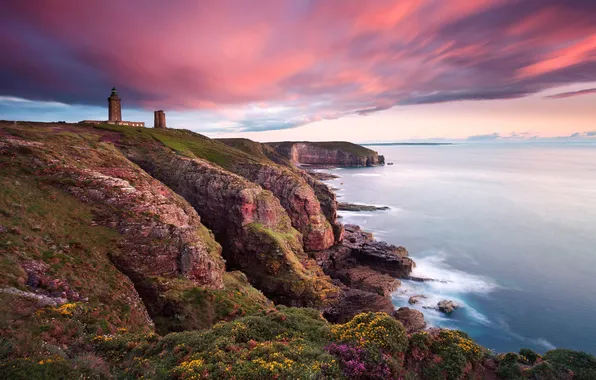 Море, скалы, побережье, Франция, Облака, Маяк, France, Lighthouse