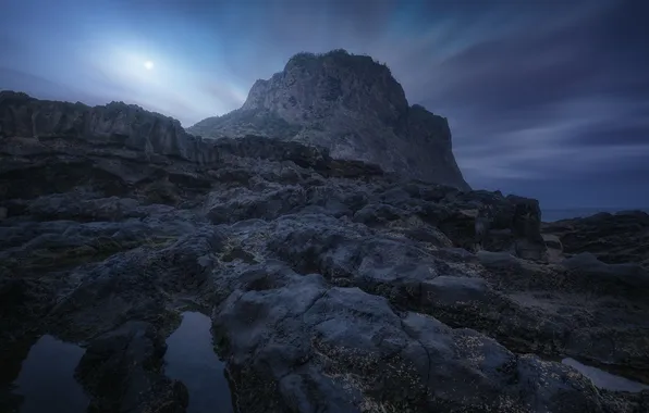 Вода, облака, горы, ночь, камни, скалы, луна, склоны