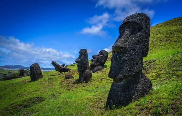 Чили, истуканы, Ranu Raraku, Hotu-iti, склоны, Easter Island, фигурки