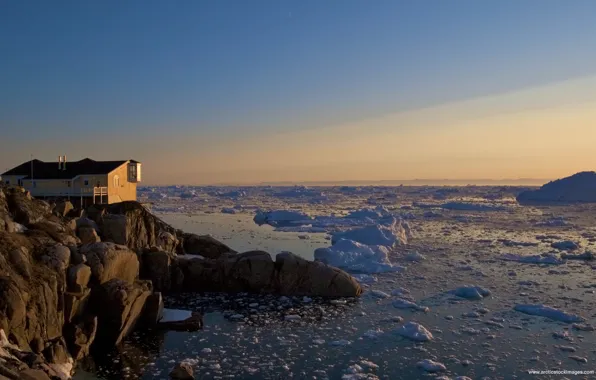Море, остров, айсберг, домик, ледяное