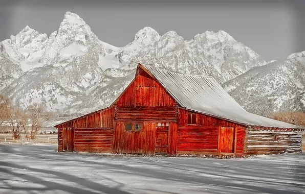 Зима, снег, горы, дом