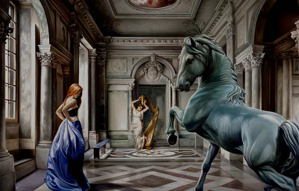 Девушки, лошадь, картина, арт, арфа, колонны, скульптура, зал