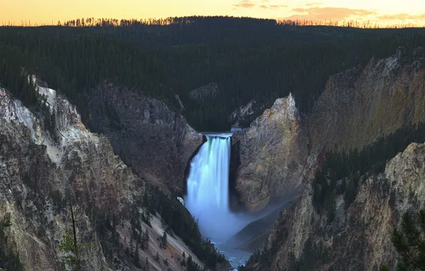 Картинка лес, пейзаж, природа, скалы, водопад, каньон, национальный парк, The Grand Canyon of Yellowstone National Park