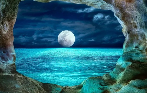 Пейзаж, ночь, океан, луна, пещера, moon, ocean, landscape