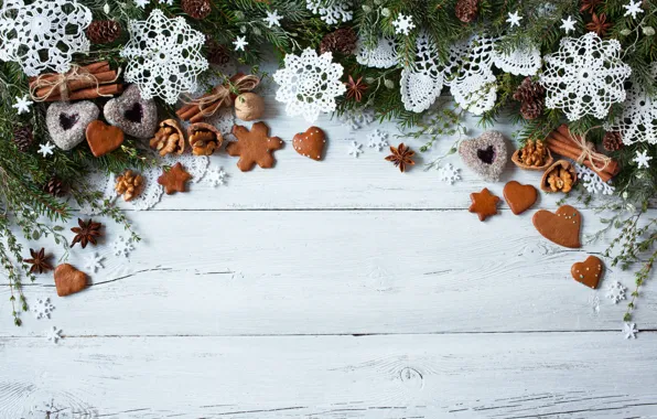 Картинка украшения, снежинки, елка, Новый Год, печенье, Рождество, сердечки, Christmas