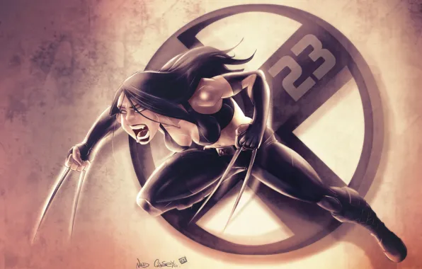 Девушка, прыжок, ярость, X-Men, клинки, росомаха, простой фон, X-23