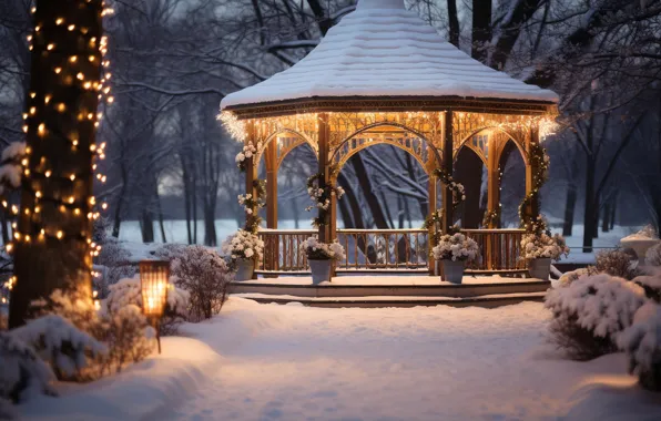 Картинка зима, снег, снежинки, ночь, lights, парк, Новый Год, Рождество