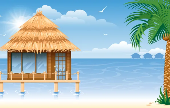 Картинка море, пальма, беседка, sea, gazebo, кокосы, palm, coconuts