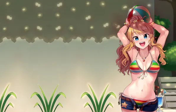Girl, sexy, cleavage, shorts, long hair, boobs, anime, blue eyes