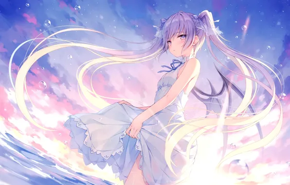 Картинка girl, sexy, beach, long hair, dress, sea, boobs, anime