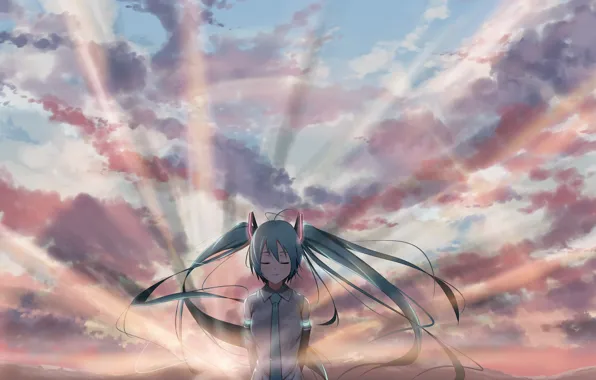 Девушка, облака, закат, арт, Hatsune Miku, Vocaloid, Вокалоид
