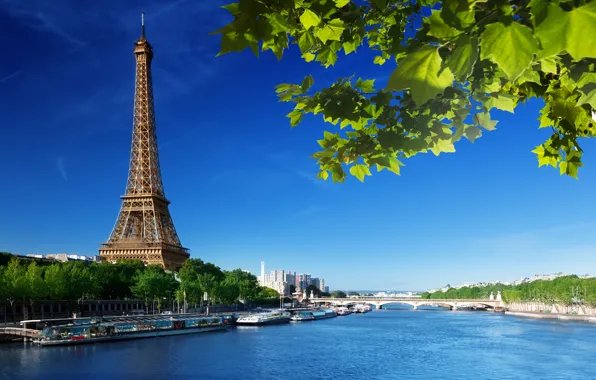 Картинка лето, небо, листья, мост, река, Франция, Париж, зеленые