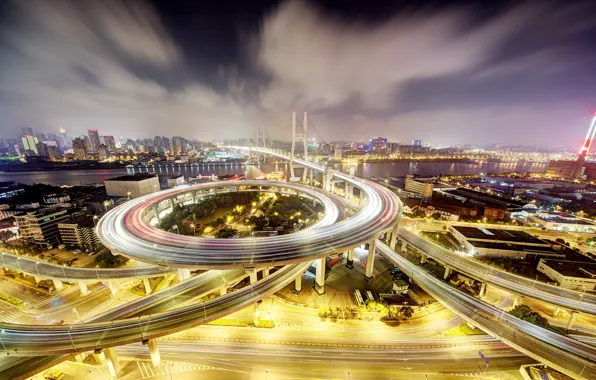 Картинка пейзаж, ночь, огни, дома, Китай, Шанхай, Nanpu Bridge