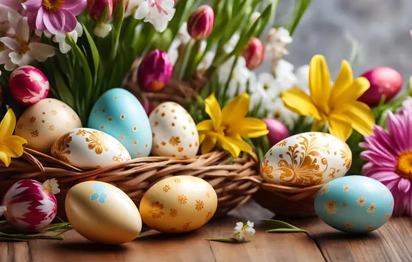 Картинка цветы, яйца, весна, colorful, Пасха, happy, flowers, spring