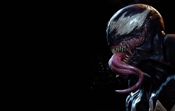 Язык, тьма, пасть, чёрный фон, зубки, Веном, Venom, симбиот