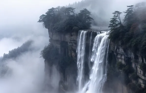 Trees, clouds, waterfall, mist, cliff, AI art