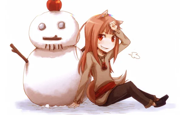 Улыбка, яблоко, снеговик, spice and wolf, horo, волчица и пряности, by juu ayakura