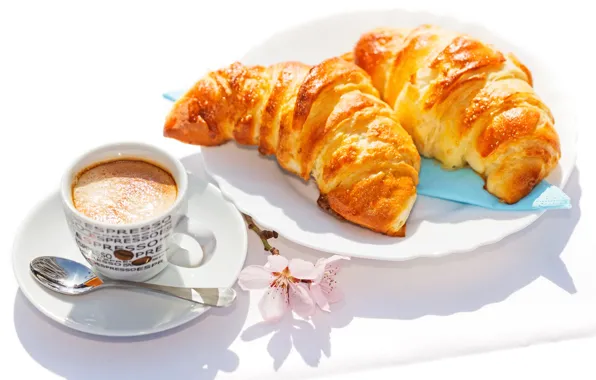 Кофе, завтрак, выпечка, cup, coffee, круассаны, croissant, breakfast