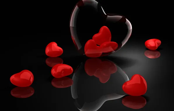 Отражение, сердечки, черный фон, день святого Валентина