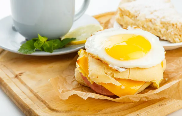 Лимон, чай, еда, завтрак, яичница, бутерброд, мята, breakfast